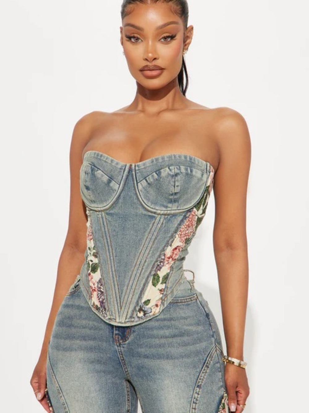 Amari Floral Denim Corset Top - Vintage Wash